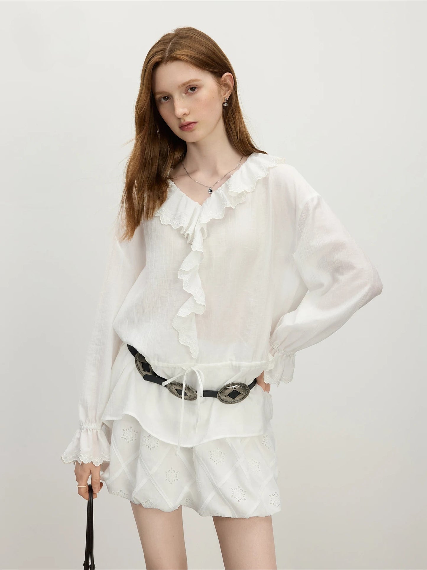 Elegant Ruffle-Sleeve Botanical Blouse