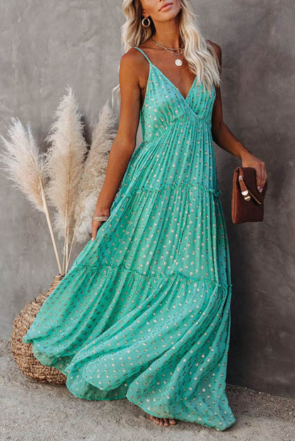 Polka Dot Print V-Neck Spaghetti Strap Tiered Ruffle Trim Maxi Dress