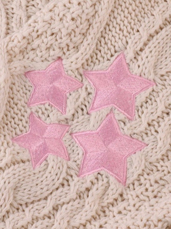 Contrast Trim Star Embroidery V Neck Cardigan