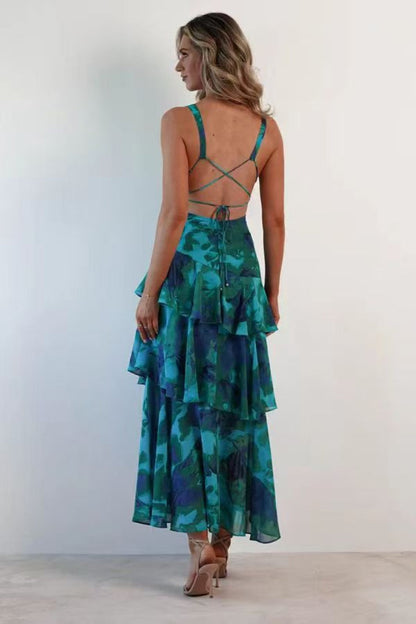 Deep V Neck Sleeveless Tiered Ruffle Floral Maxi Dress