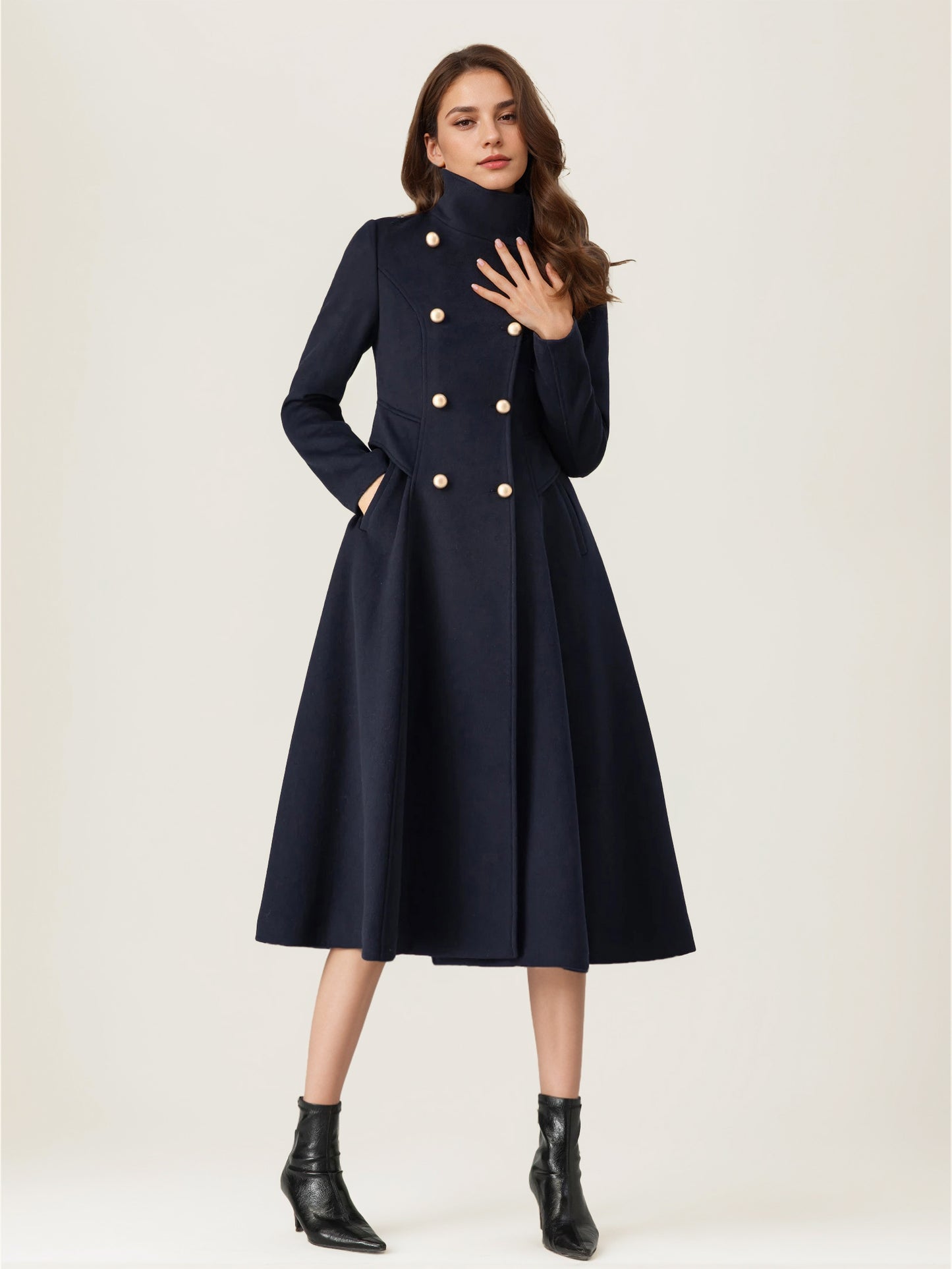 Woolen Flared Coat For Woman Stand Collar Dark Navy Vintage Double-breasted Winter Midi Outerwear 2026