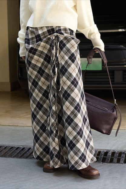 Asymmetric Color Block Plaid Midi Skirt