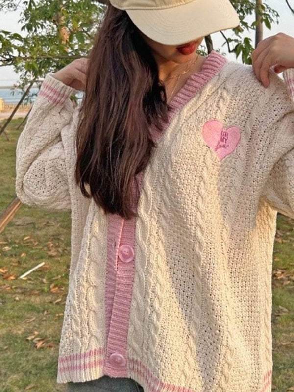 Contrast Trim Star Embroidery V Neck Cardigan