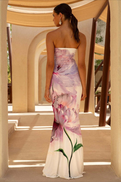 Strapless Painted Floral Graphic Bodycon Maxi Dress