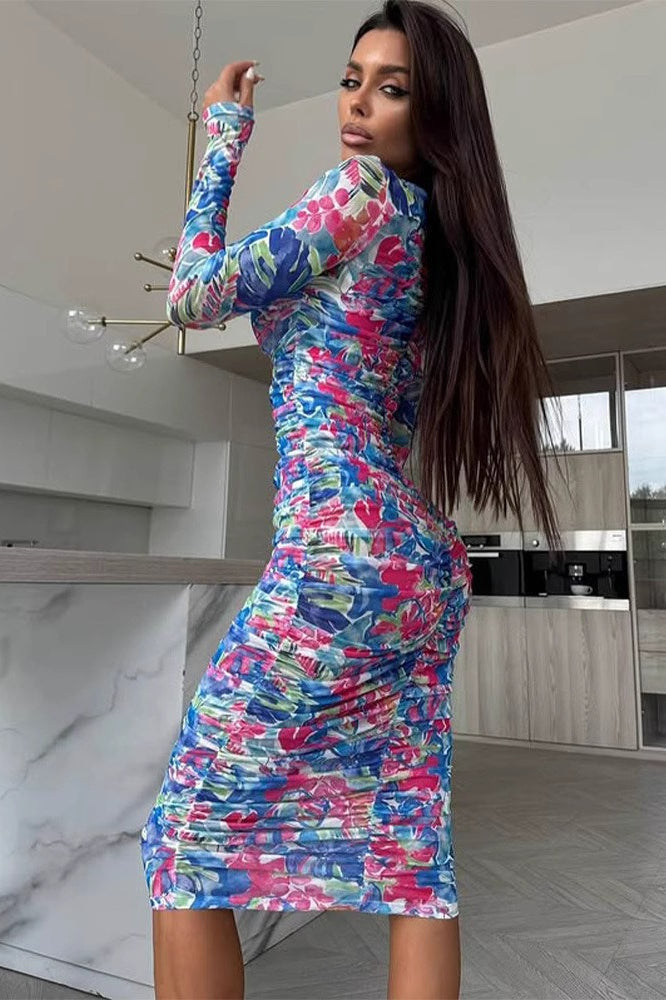 Mock Neck Long Sleeve Ruched Floral Bodycon Midi Dress