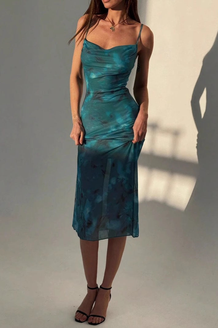Cowl Neck Spaghetti Strap Abstract Marble Print Mesh Overlay Midi Dress