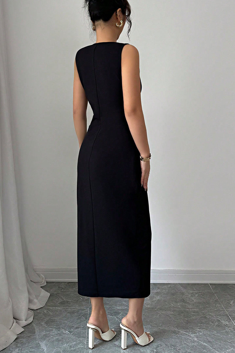 Sleeveless Crew Neck Bow Detail Side Slit Bodycon Midi Dress
