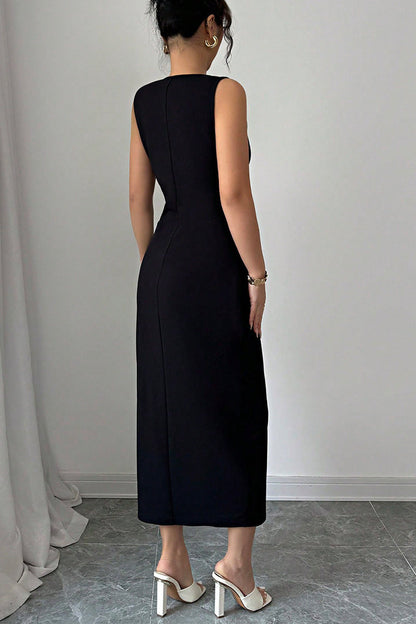 Sleeveless Crew Neck Bow Detail Side Slit Bodycon Midi Dress