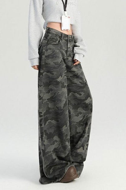 Camouflage Wide Leg High Waist Relaxed Jeans