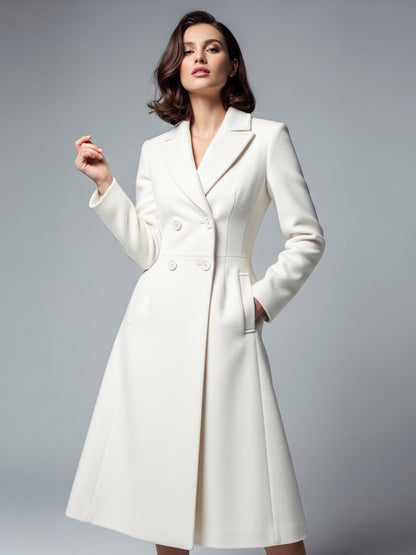 White Woolen Double-Breasted Midi Coat With Sharp Lapel And X-Line For Women 2026