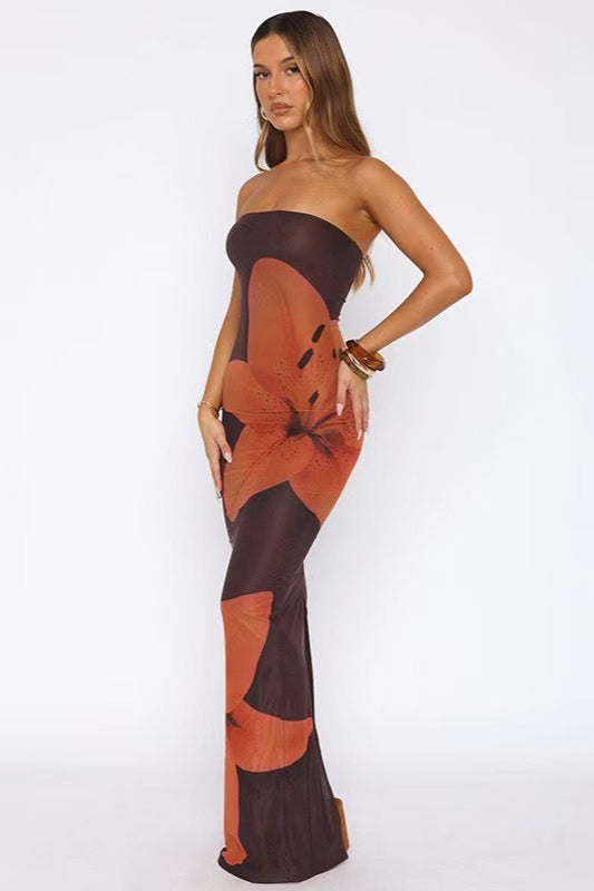 Strapless Oversized Floral Print Bodycon Floor Length Maxi Dress