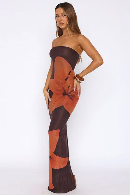 Strapless Oversized Floral Print Bodycon Floor Length Maxi Dress