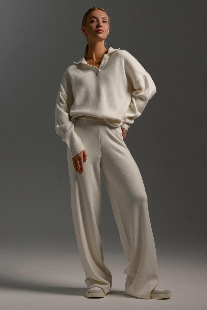 | Polo Collar Knit Pullover and Wide-Leg Pants Set