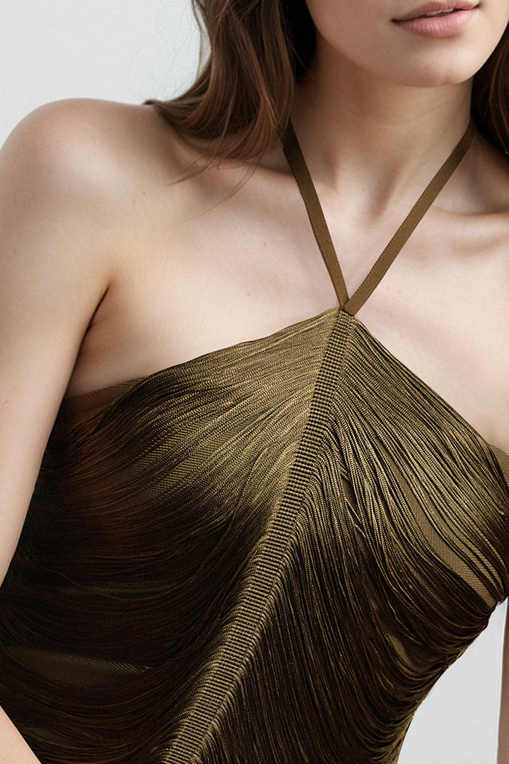 Metallic Fringe Halter Chevron Panel Bodycon Maxi Gown