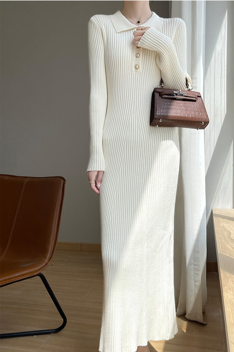 Rib Knit Polo Collar Pearl Button Long Sleeve Maxi Sweater Dress