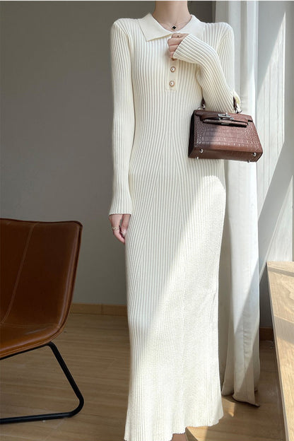 Rib Knit Polo Collar Pearl Button Long Sleeve Maxi Sweater Dress