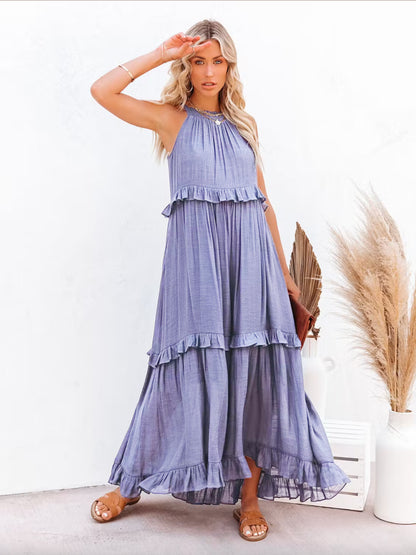 Boho Halter Neck Maxi Shift Dress for Women - Ruffle Tiered Flowy Sun Dress - Summer Beach Vacation 2026