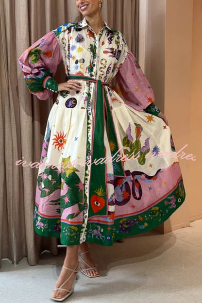 Effortless and Playful Print Balloon Sleeve Shirt Midi Dress
