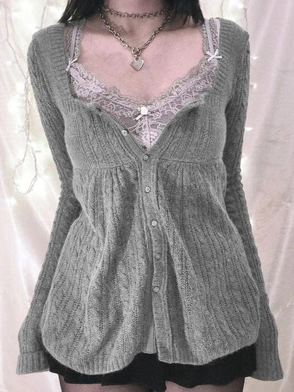 Solid Pointelle Square Neck Knit Cardigan