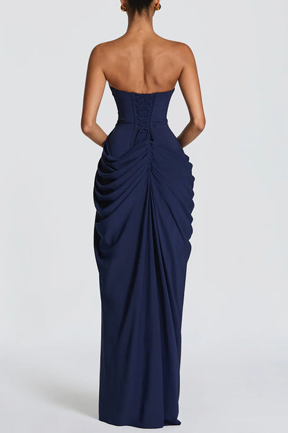 Cyra Back Lace-up Asymmetrical Pleats Strapless Slit Maxi Dress