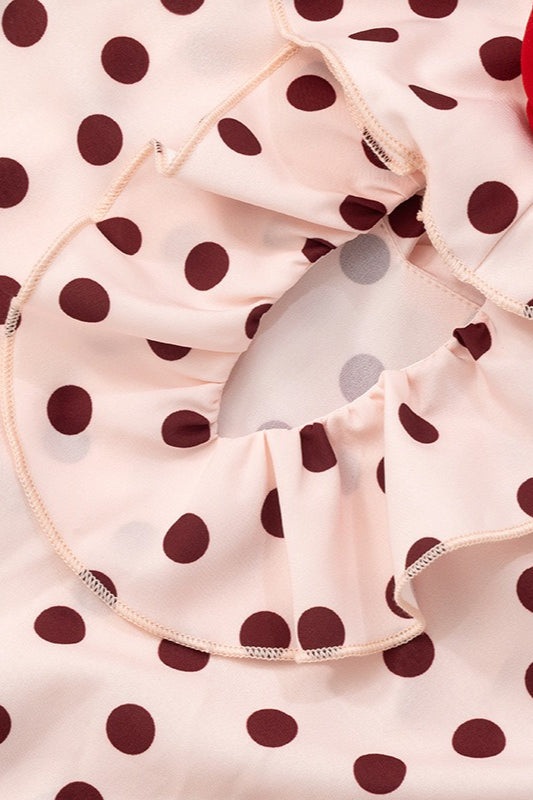 Polka Dot Spaghetti Strap Ruffle V-Neck Floral Applique Slip Midi Dress