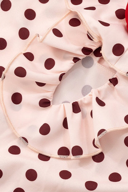 Polka Dot Spaghetti Strap Ruffle V-Neck Floral Applique Slip Midi Dress
