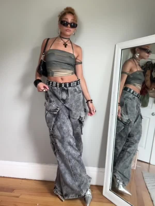 Acid Washed Baggy Cargo Jeans