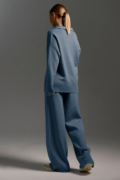 | Polo Collar Knit Pullover and Wide-Leg Pants Set