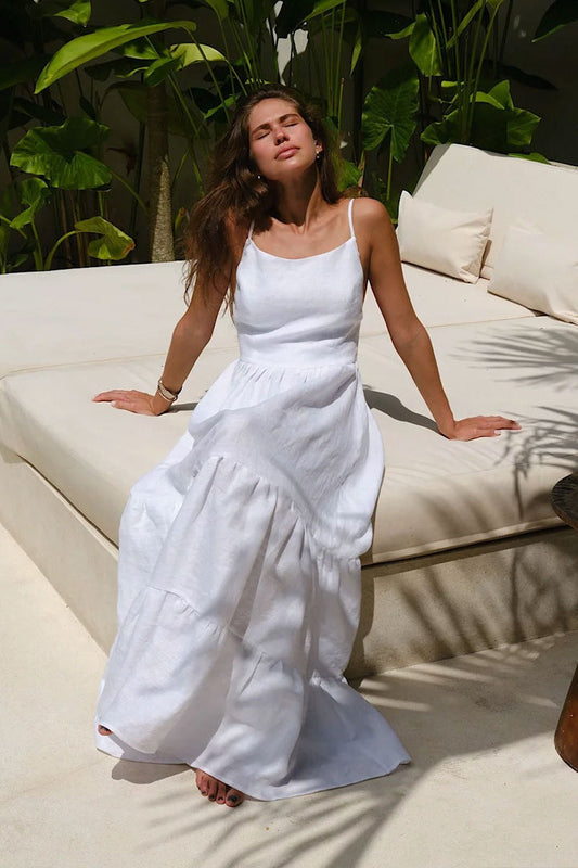 | Spaghetti Strap Backless Ruffle Maxi Dress