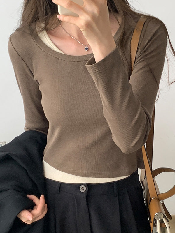 Contrast Color Fake Two Piece Long Sleeve Knit
