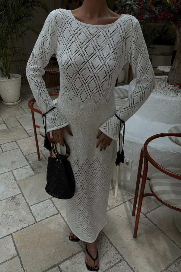 Solid Color Long-sleeved Tie Slim-fit Knit Openwork Cover-up Maxi Dress