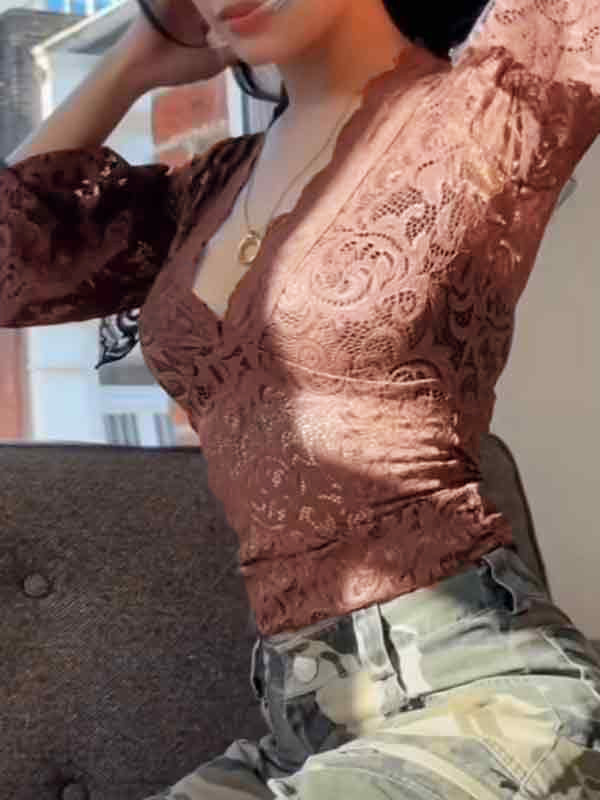 Lace V Neck Slim Flare Design Long Sleeve Shirt
