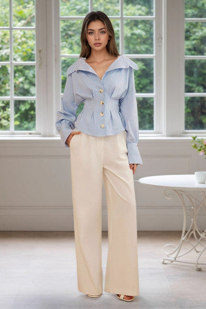 Ruffled Collared Puff Sleeve Striped Blouse