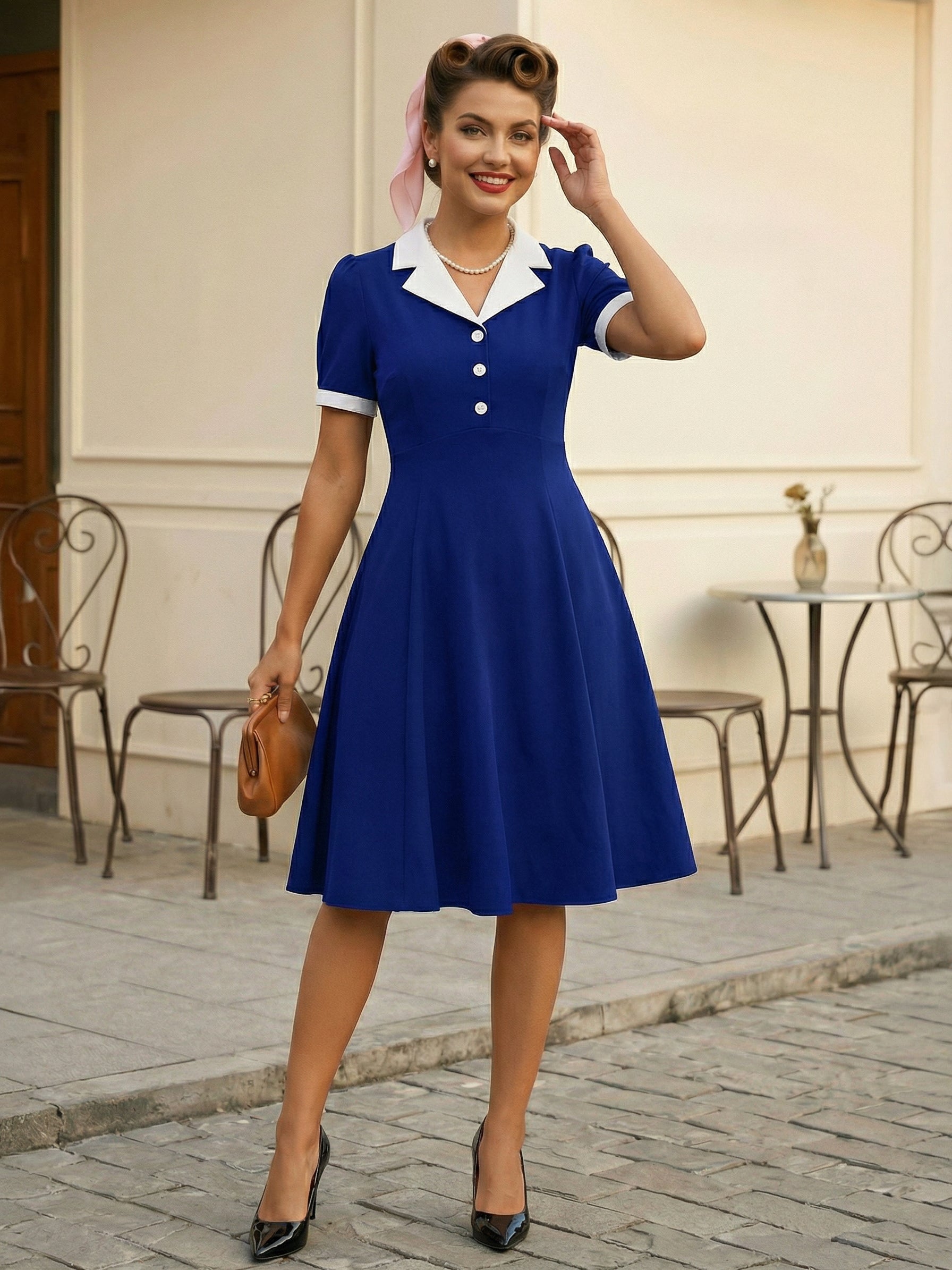 Retro Contrast Lapel Button Up Fit And Flare Midi Dress For Women 2026