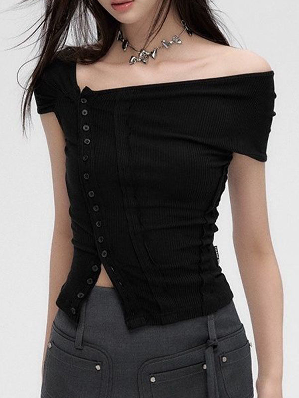 Button Off Shoulder Patchwork Short Sleeve Knits