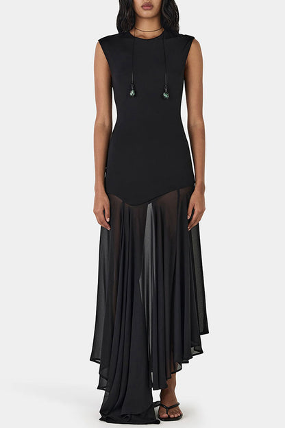 Alice Open Back Asymmetrical Tulle Hem Stretch Maxi Dress