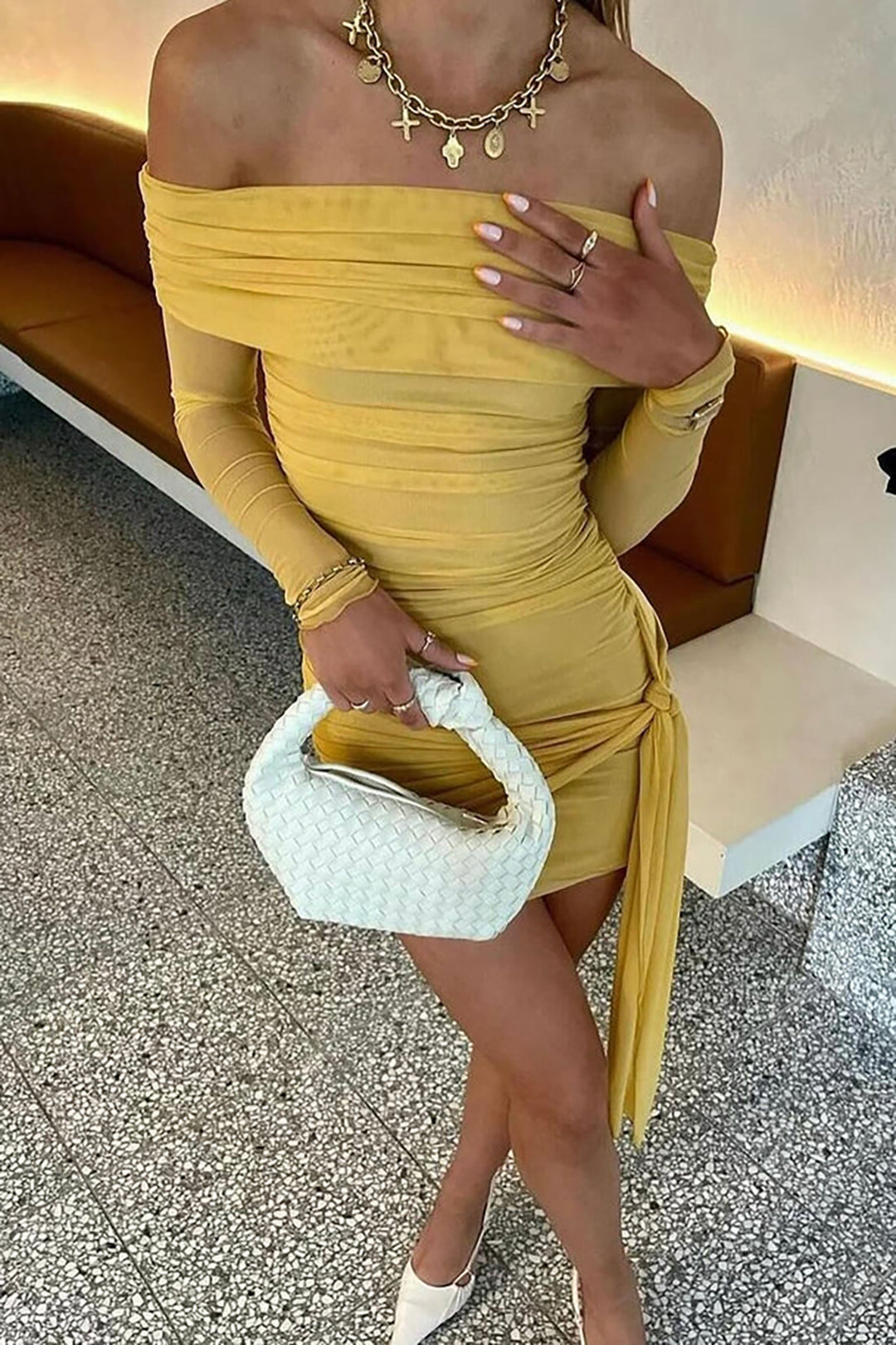 Off Shoulder Ruched Long Sleeve Side Sash Drape Bodycon Mini Dress