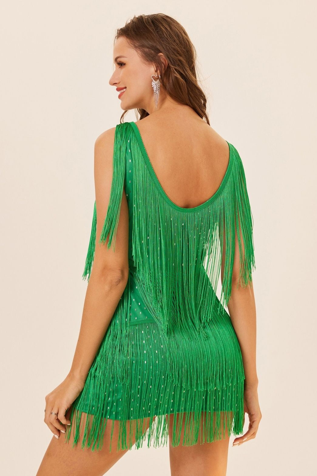 Sequin Tiered Fringe Deep V-Neck Sleeveless Mini Dress