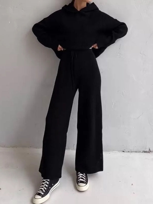 Solid Oversized Hoodie & Drawstring Wide Leg Pants Set