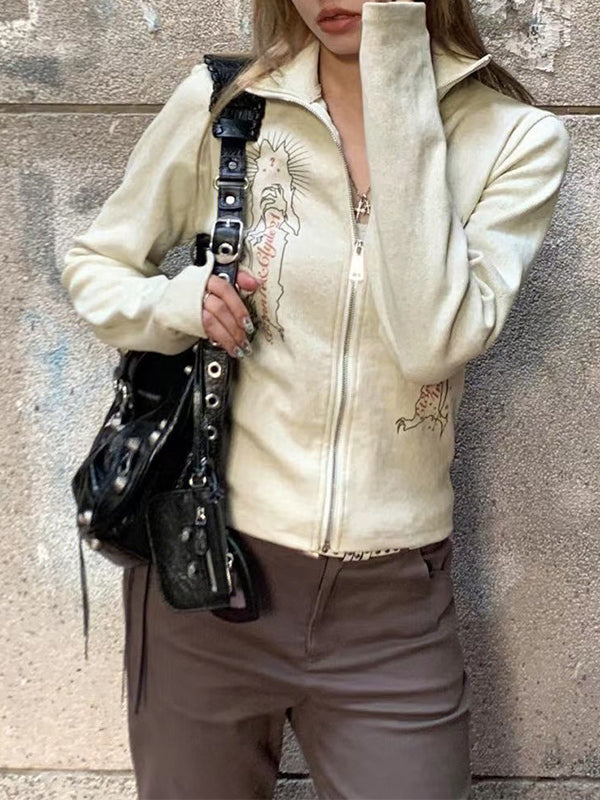 Vintage Print Lapel Neck Zip Up Long Sleeve Knit