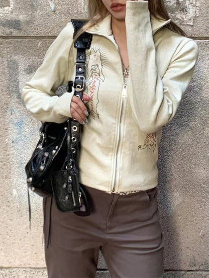 Vintage Print Lapel Neck Zip Up Long Sleeve Knit
