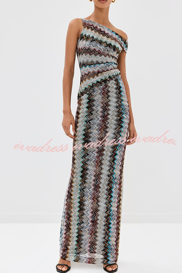 Cocktails and Vacation Knit Colorful Zigzag Pattern One Shoulder Slit Maxi Dress