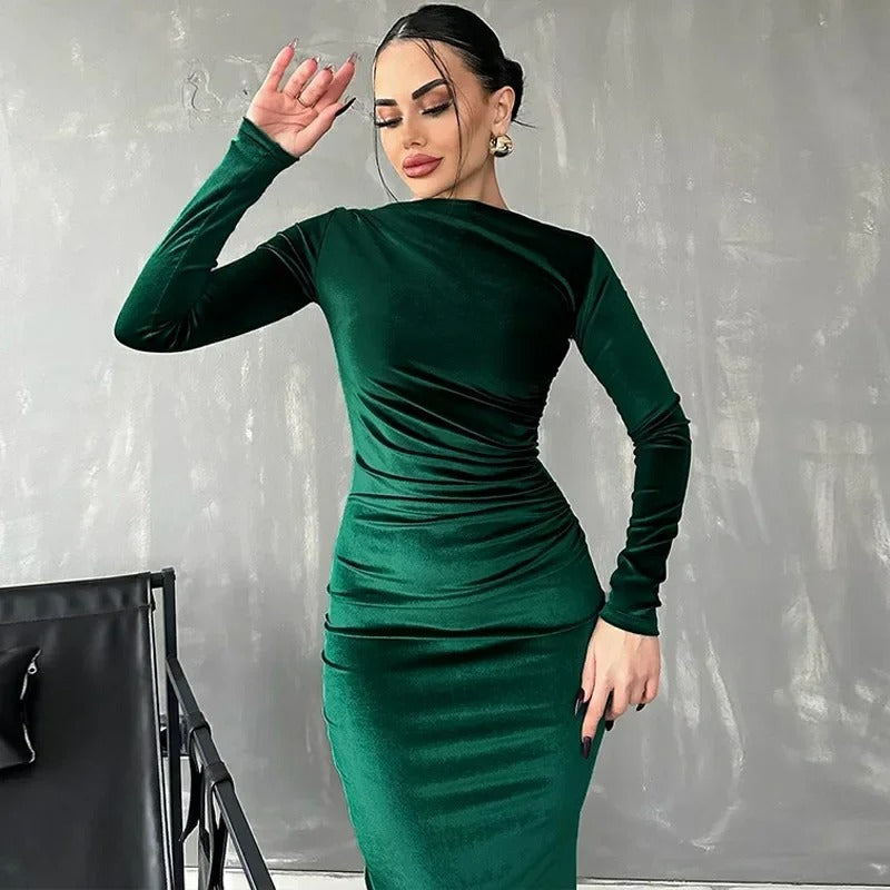 Velvet Ruched Side Drape Bateau Neck Long Sleeve Bodycon Midi Dress