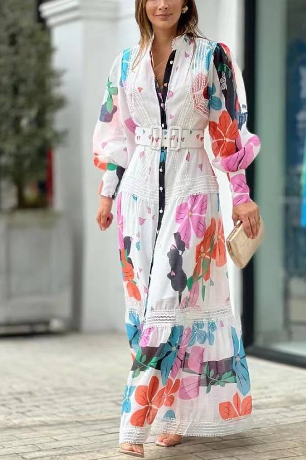 Floral Print Button Front Puff Sleeve Lace Insert Tiered Maxi Dress