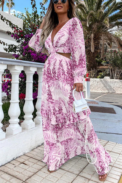 Botanical Leaf Print Deep V-Neck Side Cutout Puff Sleeve Tiered Maxi Dress