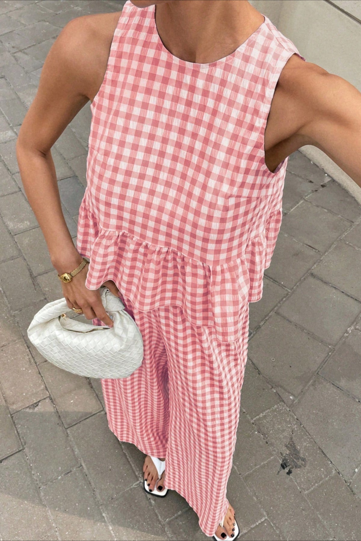 Plaid Ruffle Hem Round Neck Sleeveless Skirt Set
