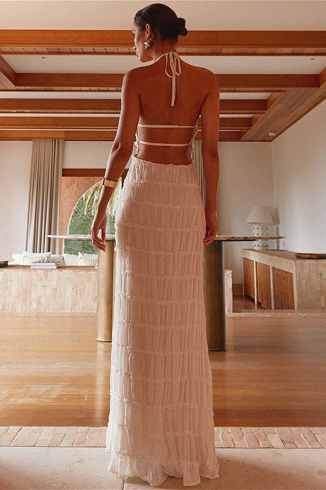 | Backless Ruched Pleated Maxi Dress