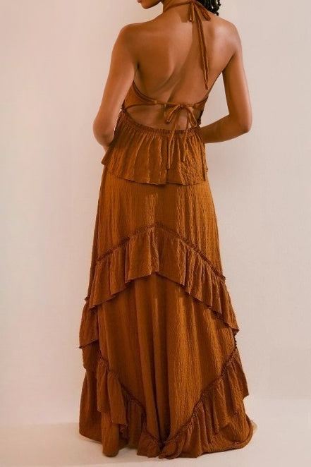 Backless Halter Tie Crop Top Tiered Ruffle Maxi Skirt Set