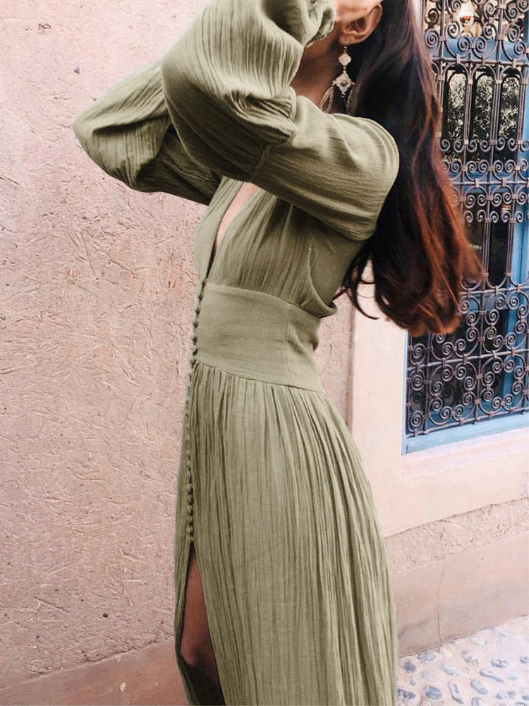 Boho V Neck Maxi Dress - Puff Sleeve Button Front High Slit Long Dress - Spring Beach Vacation 2026