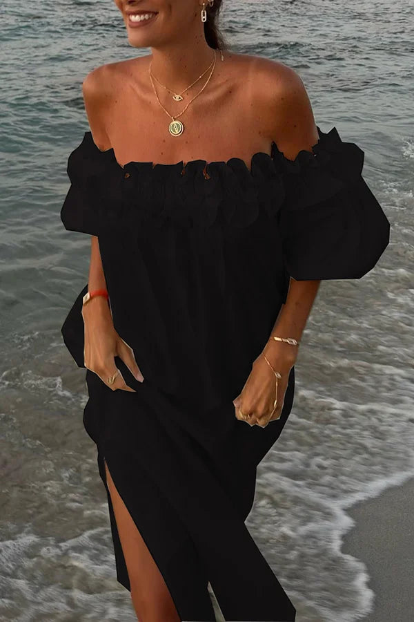 Off Shoulder Ruffle Trim Puff Sleeve Side Slit Linen Look Maxi Dress